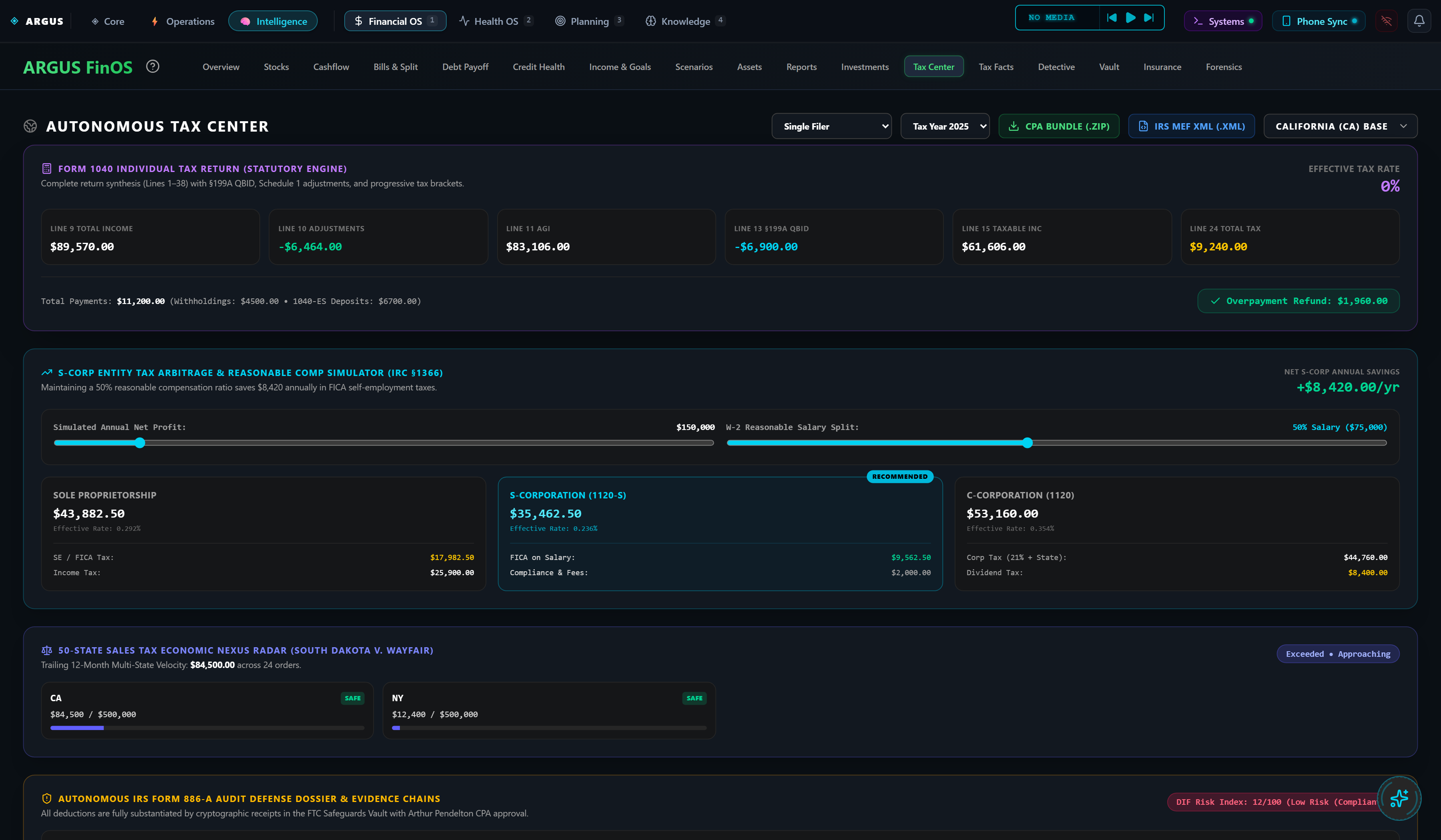 ARGUS Autonomous Tax Center Live UI